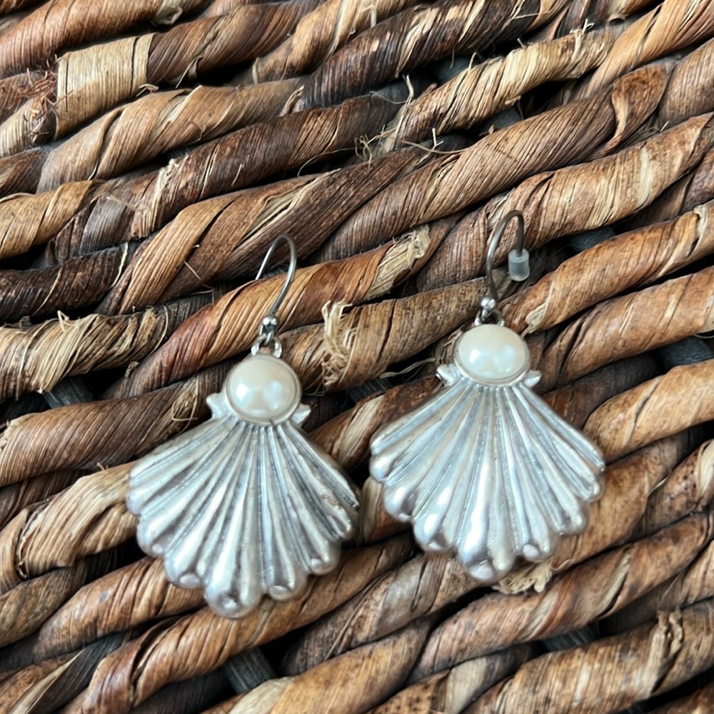 Silver Tone Shell And Faux Pearl Earrings